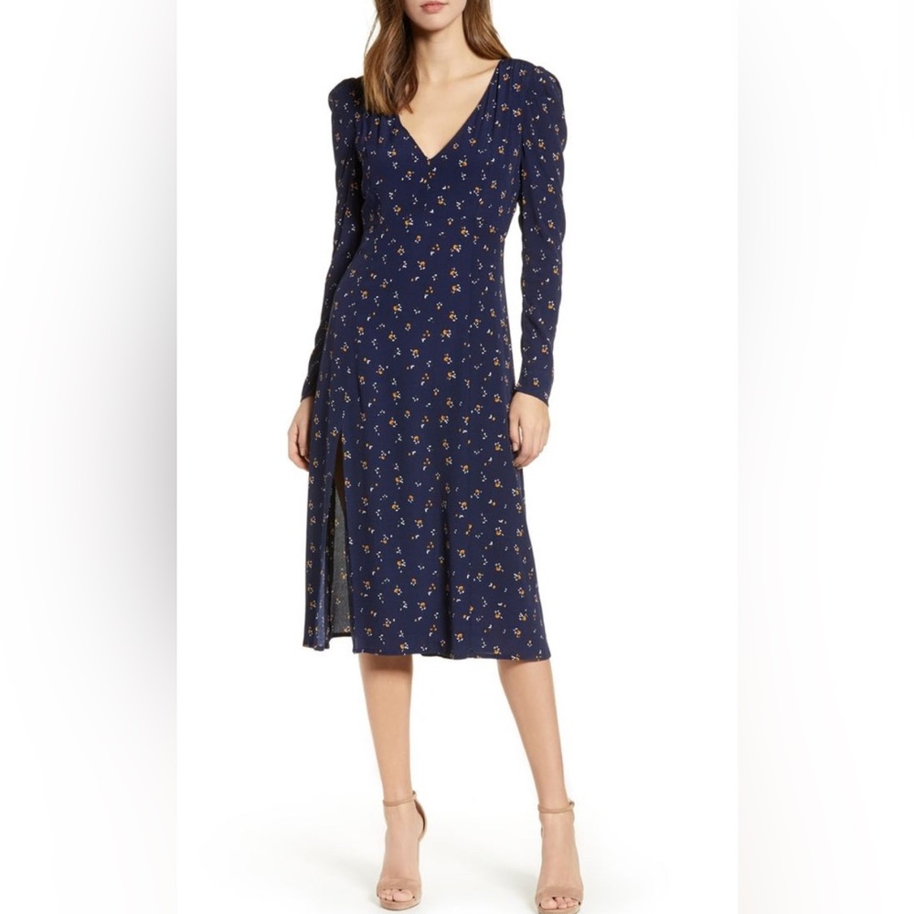 Long-sleeve ditsy floral empire waist tea dress with a side slit and V neck S